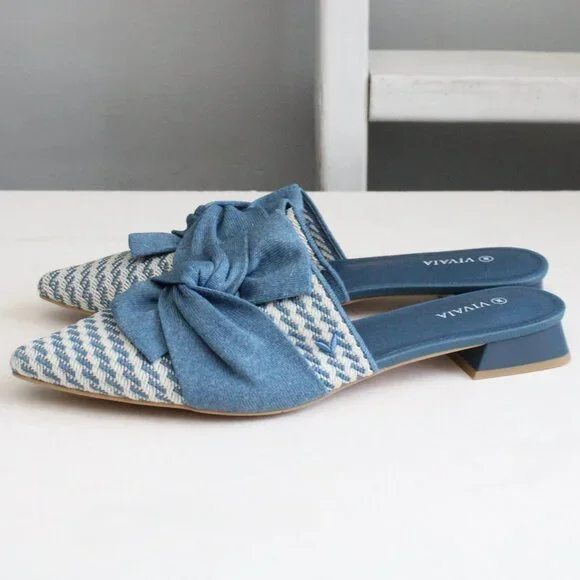 Vivaia Blue Denim White Pointed-Toe Knot Sandals Heel Mules (Yaffa Pro) Size 11 - Picture 3 of 10